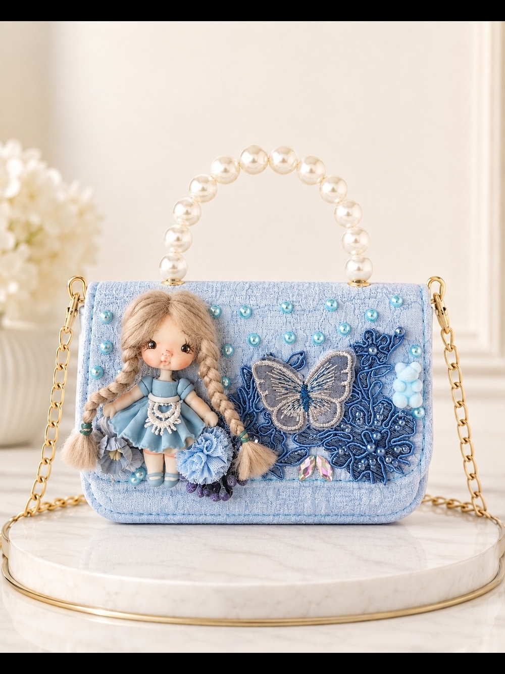 Handcrafted Blue Pearl Handle Embellished Mini Bag.